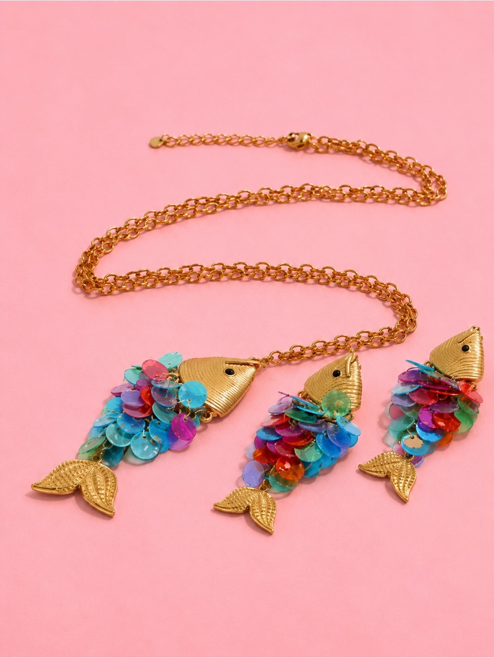 Artistic Gold Multicolor Sequin Fish Necklace & Earrings Set